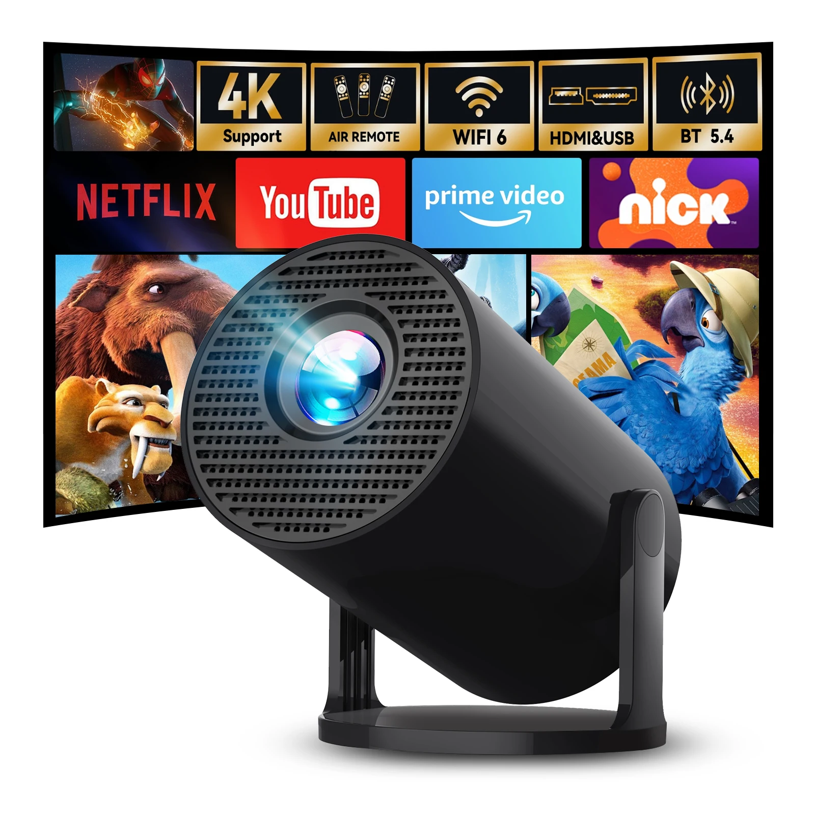Miniproyector, Compatible Con Wifi 6 Y Bluetooth 5.4, Sistema Android 14, Tiro Corto, Rotación De 180°.