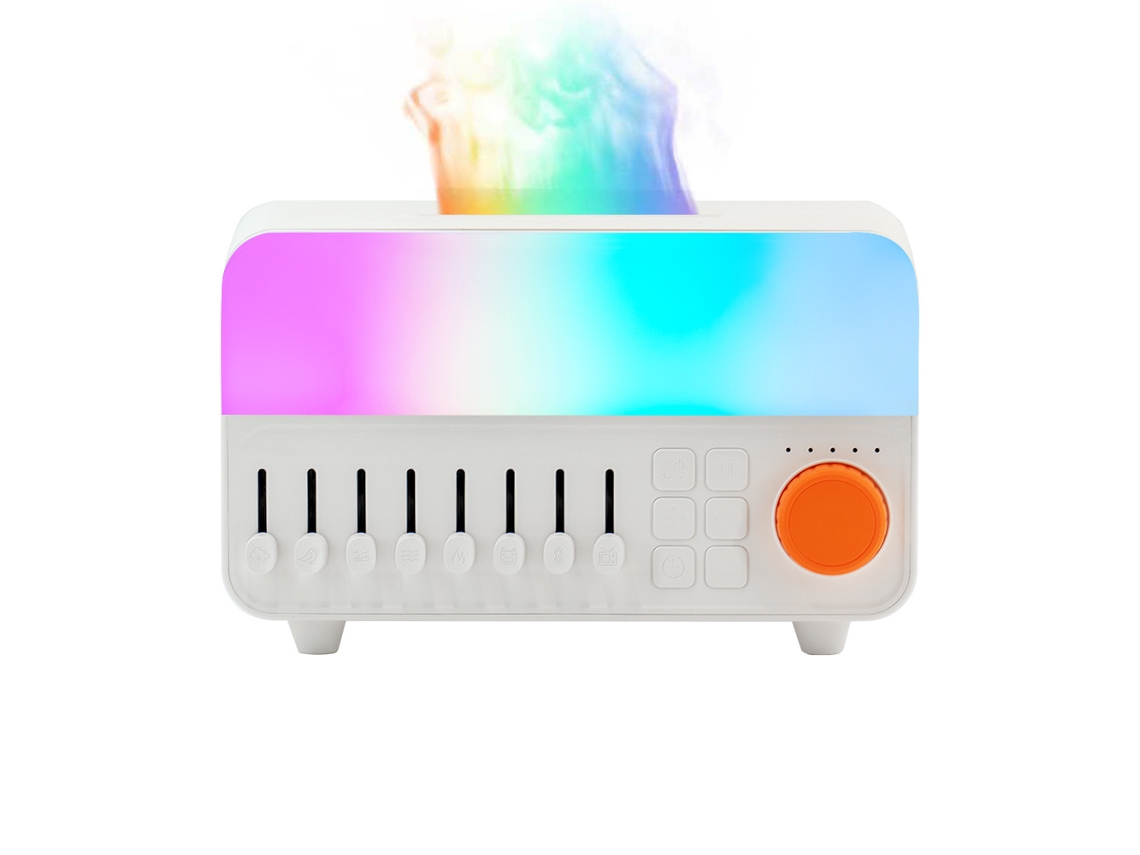 Humidificador de aroma MDUG con ruido blanco y altavoz Bluetooth con luz LED de llama de siete colores.