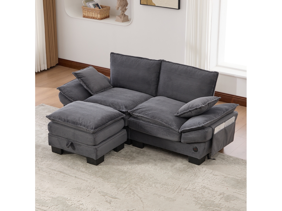 Sofá Modular 2 Plazas Pana Con Otomana Gris Oscuro