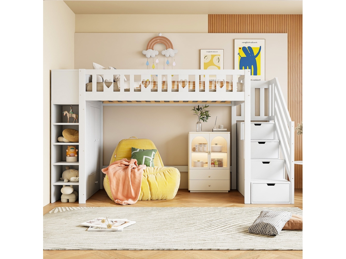 Cama 90x200 Cm Infantil Con Escalera De Almacenaje, Estantes, Armario Abatible, Espacio Libre Debajo, Blanco