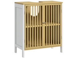 Mueble De Baño De Bambú Bajo Lavabo, 2 Puertas, Estante Ajustable, Blanco Natural, 60x30x70