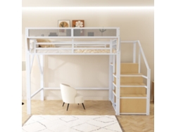 Cama Alta 140x200 - Con Escalera De Seguridad Y Compartimiento De Almacenamiento Flexible - Blanco