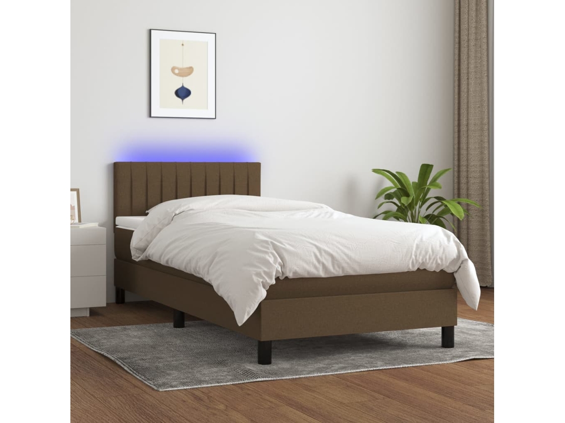 Cama Box Spring Colchón Y Luces Led Tela Marrón Oscuro 80x200cm