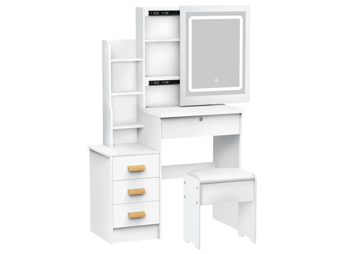 Cómoda Flasidu con Silla y Luz LED - 70x40x122cm - Blanco - 4 Cajones - Fácil Montaje - Espejo Corredizo Iluminado