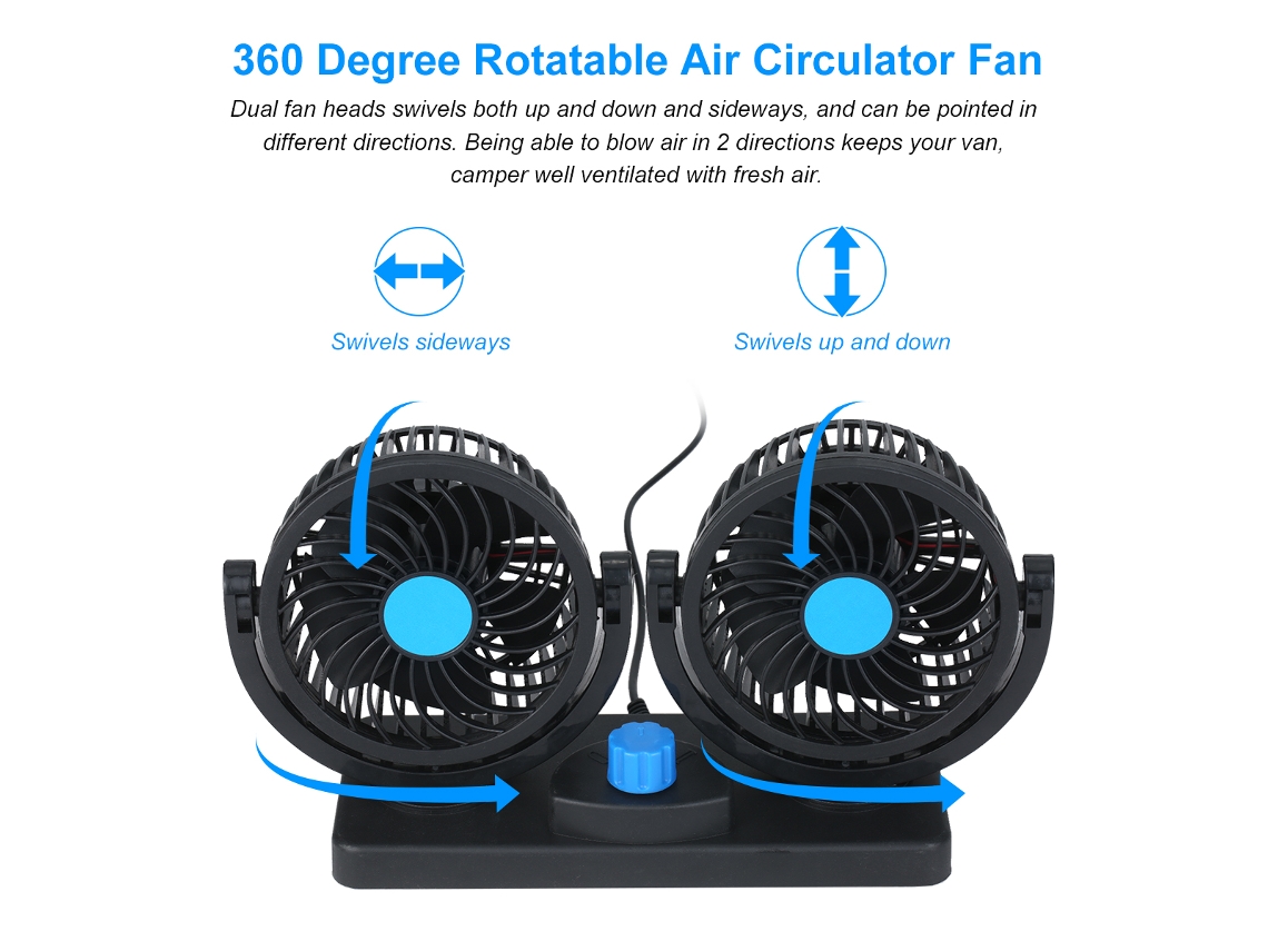 Ventilador USB de 12 V con boquilla giratoria de 360° y 2 velocidades para escritorio, coche y oficina.