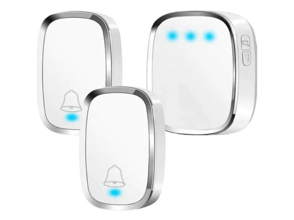 Timbres inalámbricos, kit de timbre impermeable con 2 transmisores y 1 receptor, alcance de 300 m, tono de llamada personalizable y luz indicadora LED