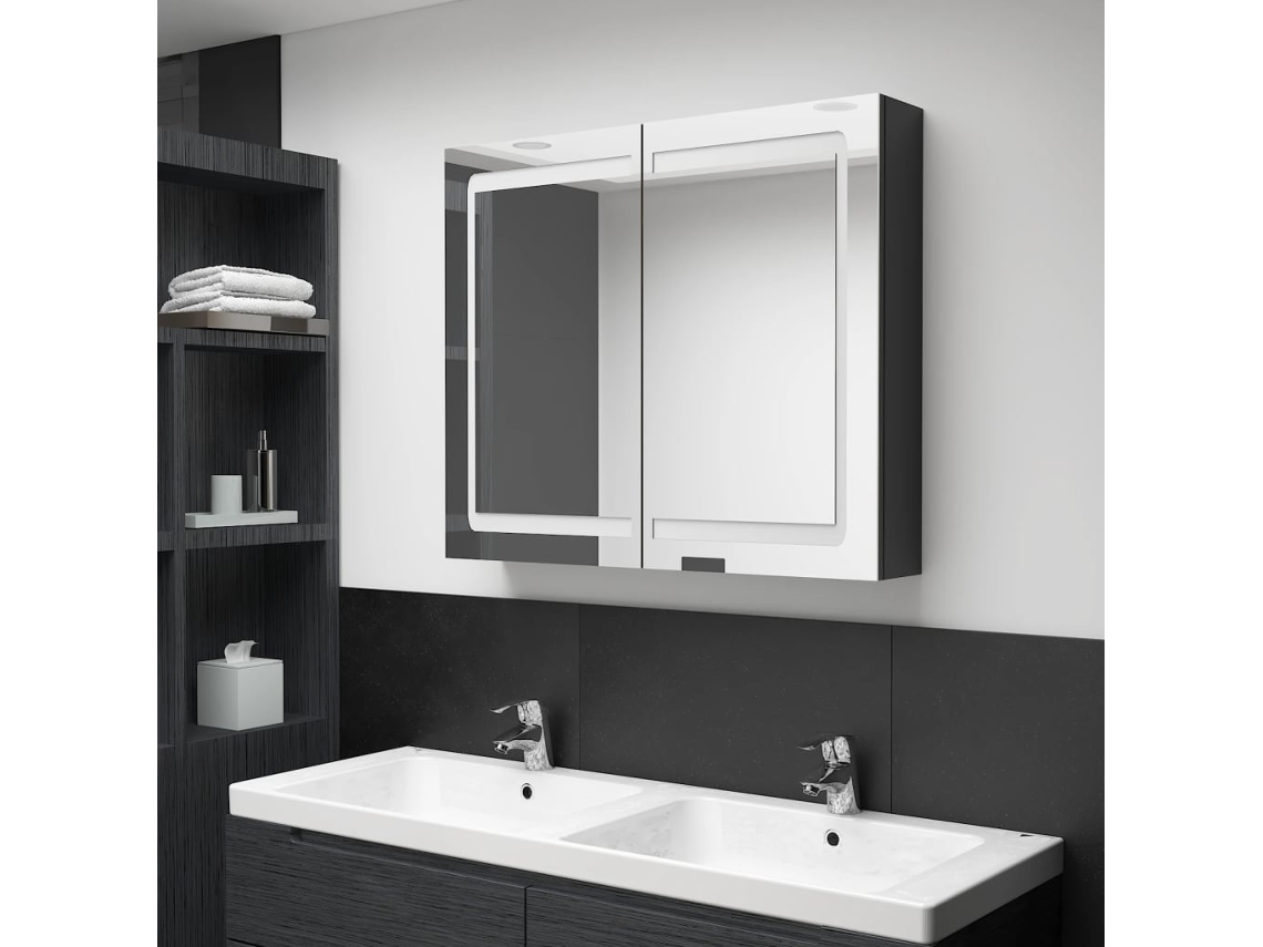 Armario de baño con espejo e iluminación LED, 80x12x68 cm, negro brillante.