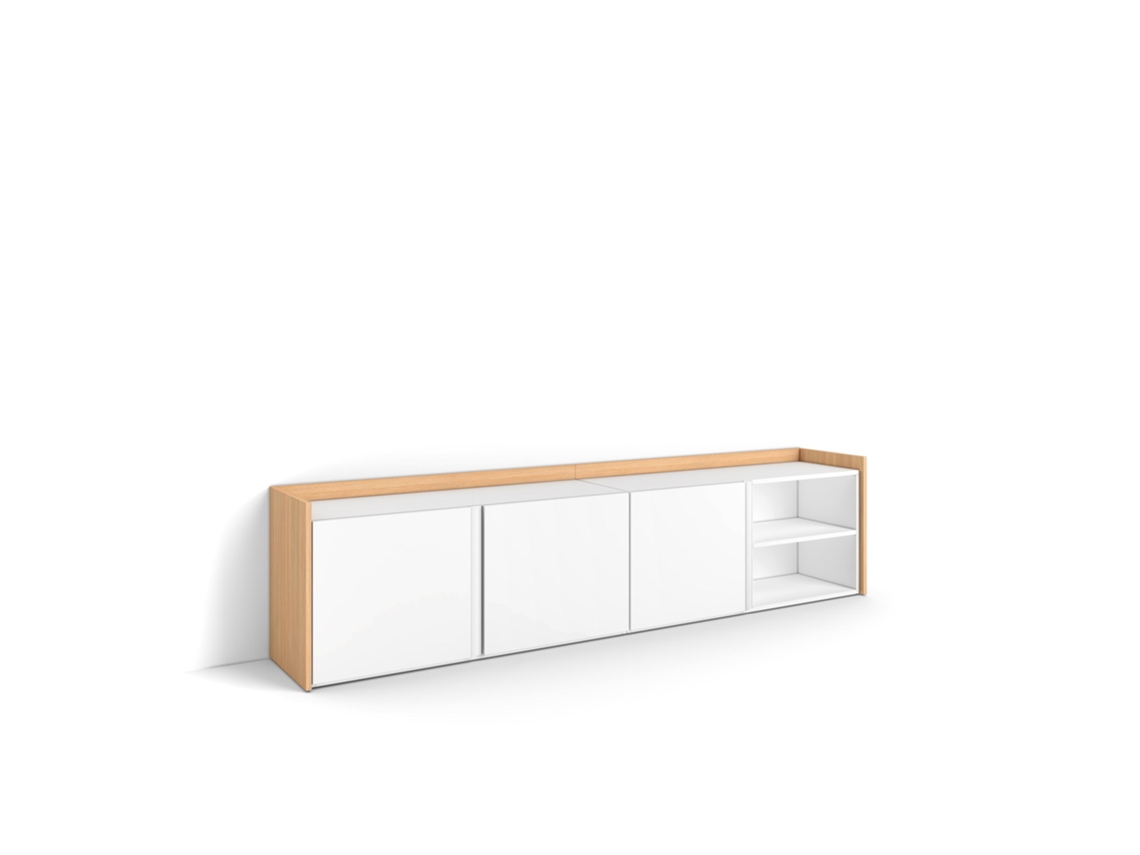 Mueble Tv, Televisión, 207x35x50cm, Para Tv Hasta 80", Con Almacenamiento, Blanco Y Roble Soft