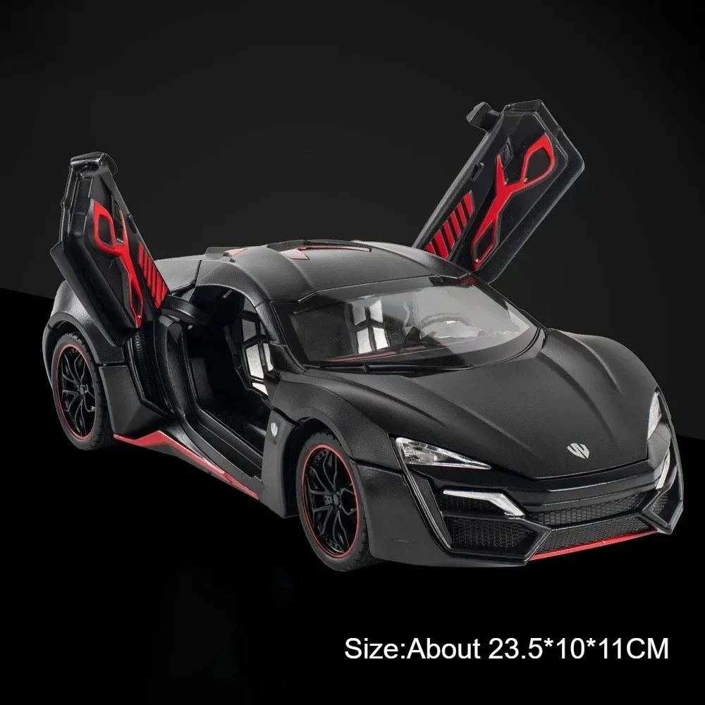(Lykan Black) Escala 1:24 - Coche en miniatura - Aleación de metal fundido a presión - Puertas que se abren - Simulación de sonido y luz