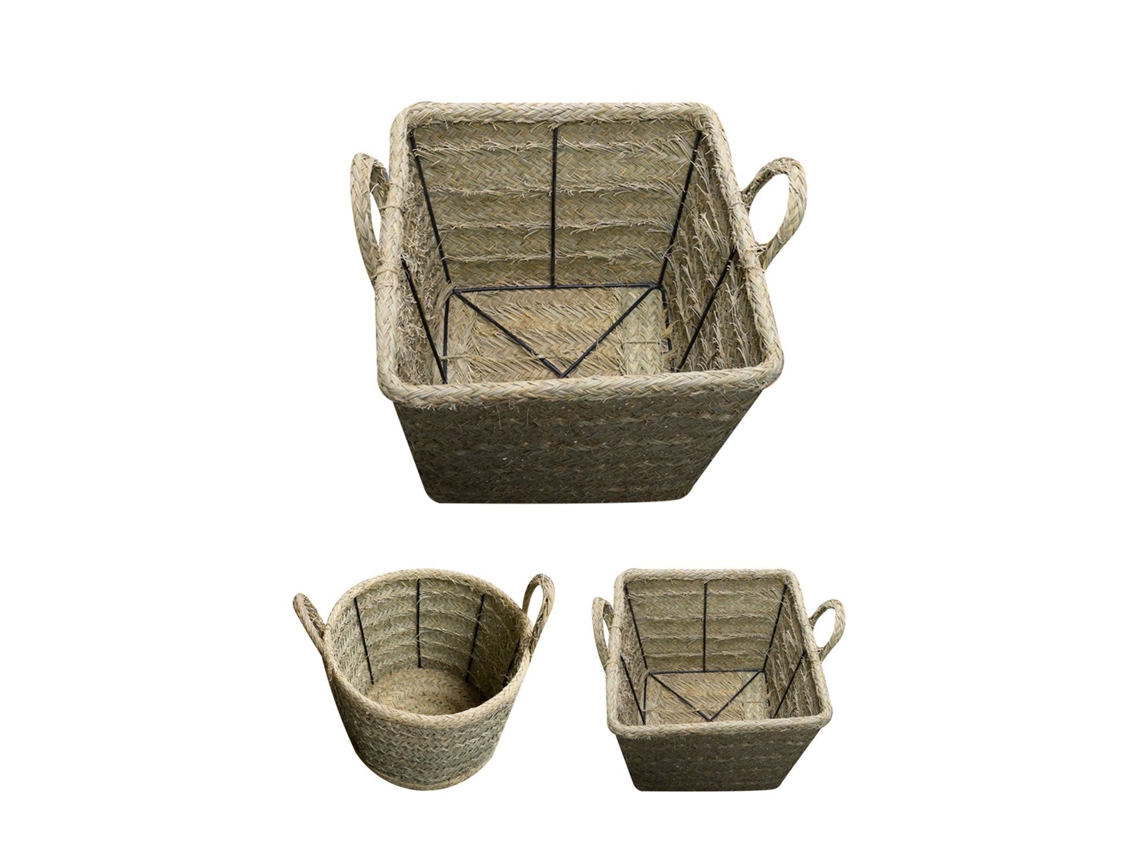 Cesta De Esparto Artesanal Con Asas Y Estructura Metálica - Diseño Redondo Y Cuadrado Cuadrado Grande