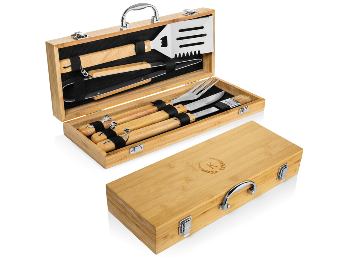 Juego de utensilios para barbacoa con estuche de transporte, herramientas de bambú duraderas para asar a la parrilla, juego de regalo ecológico.