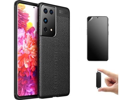 Kit Carcasa, Protector Y Soporte Samsung S21 Ultra Ultimatte Rugged Leather Negro