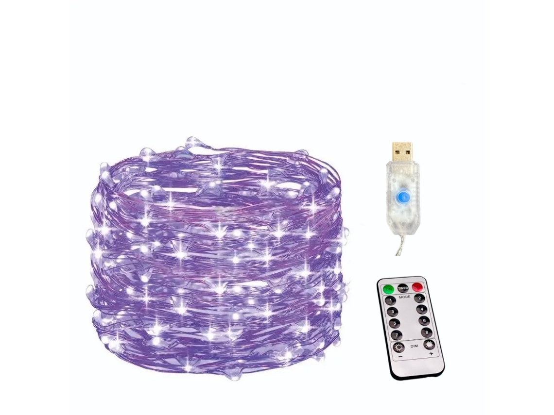 Guirnalda de luces LED USB con control remoto y 8 modos. MDUG (300 LED morados)