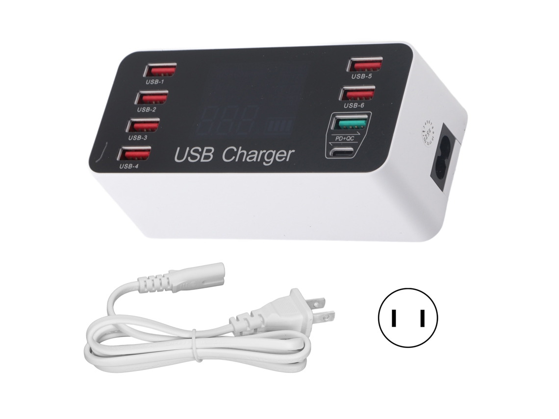 Cargador USB Aetheria de 40 W con 8 puertos QC3.0 de carga rápida USB-C, portátil para viajes, enchufe USB.