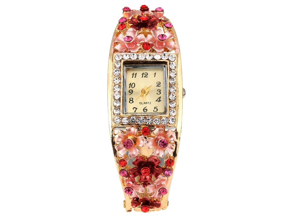 Elegante Reloj De Pulsera Para Mujer Con Diamantes De Imitación Y Diseño Floral En Aleación De Cuarzo.