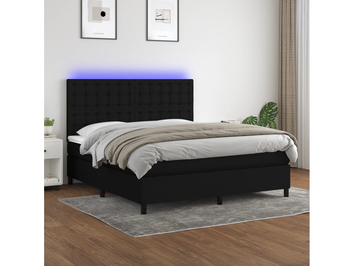 Cama Box Spring Colchón Y Luces Led Tela Negro 180x200 Cm