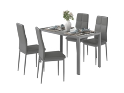 Juego De Comedor De 5 Piezas, Mesa Con 4 Sillas, De Polipiel, Metal Y Cristal Gris.