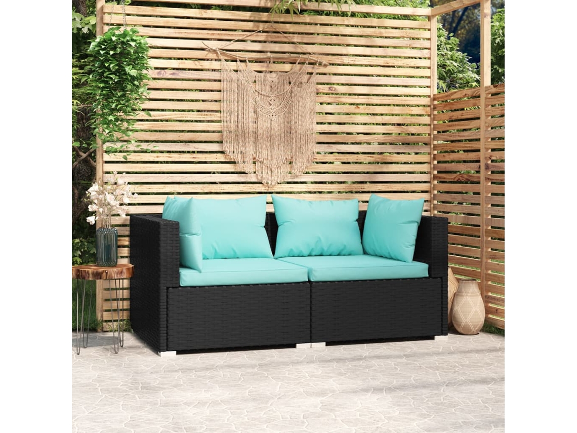 Sofá de mimbre de 2 plazas con cojines en negro, Dkd Home Decor