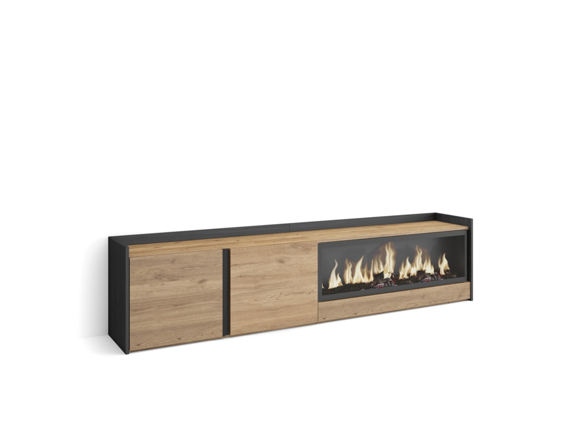 Mueble para TV, 212x35x50cm, para televisores de hasta 80'', chimenea eléctrica XXL, roble y negro.