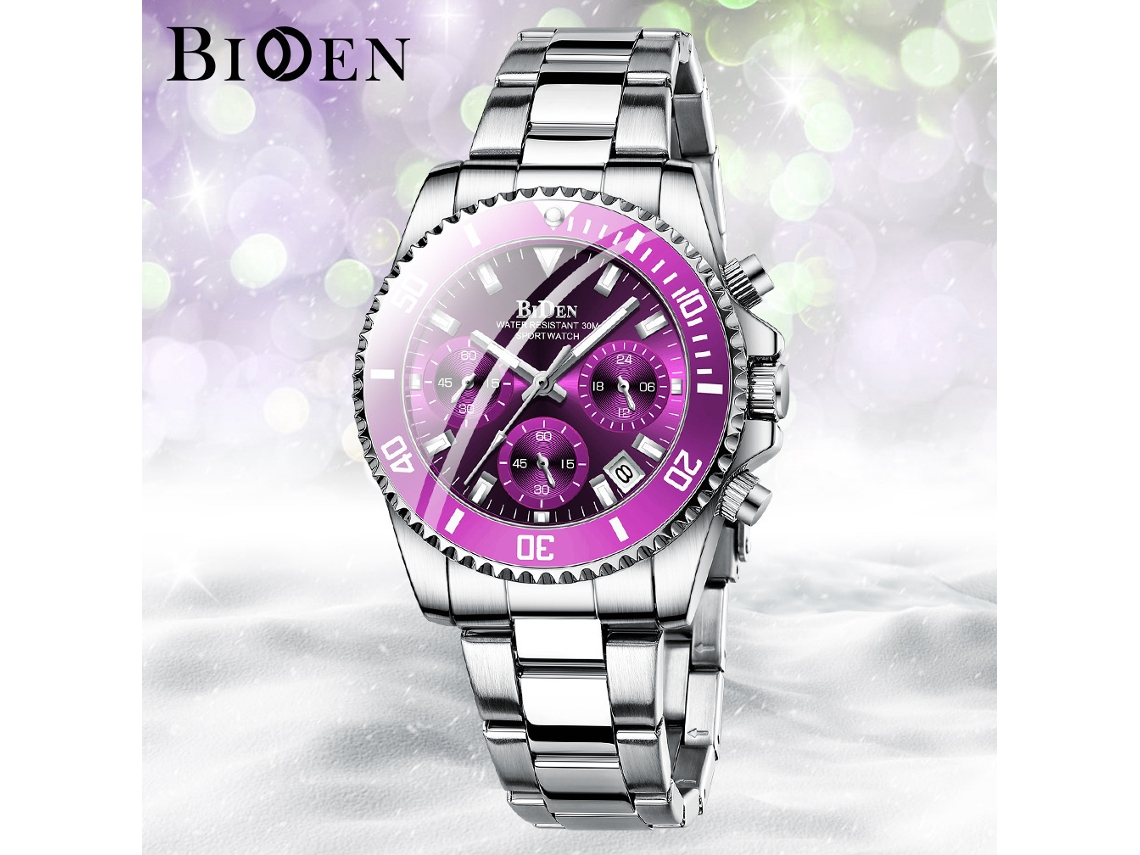 Reloj De Cuarzo Casual Para Mujer (plateado Y Morado), Brazalete De Acero Inoxidable, Fecha, Pantalla Luminosa, Cronógrafo.