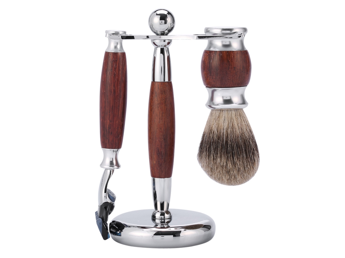 Kit De Afeitado Para Hombre Con Brocha De Madera Y Cuchilla De Seguridad Profesional Con Soporte.