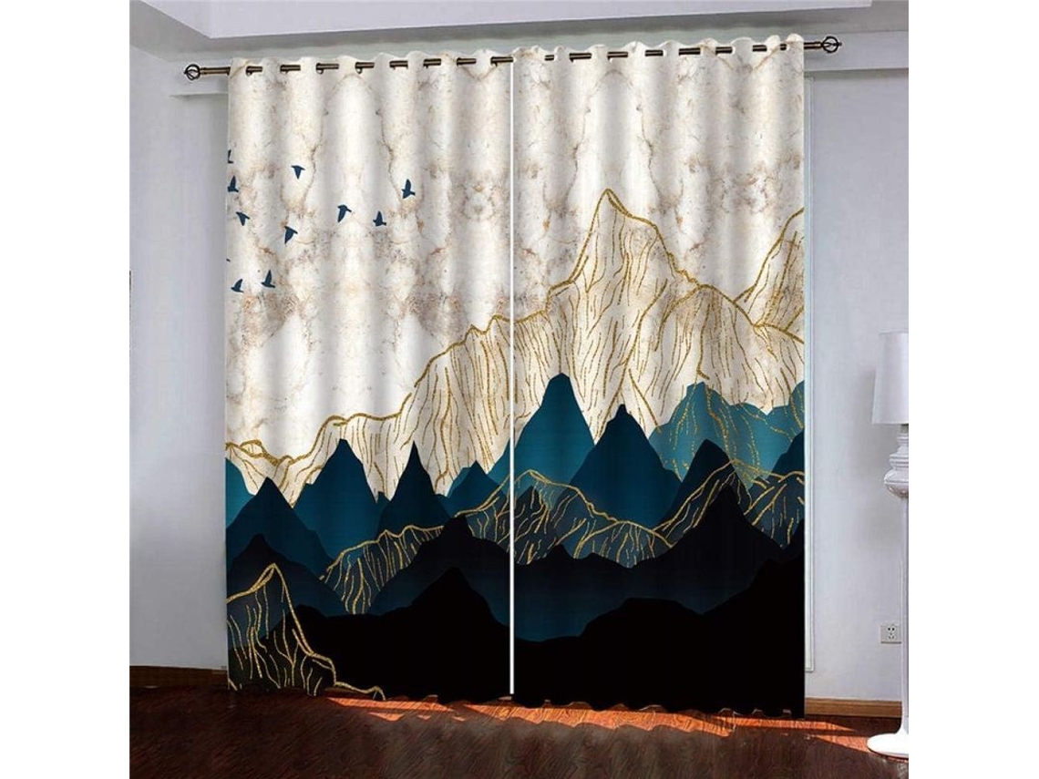 Juego De 2 Cortinas Opacas Con Efecto De Montaña De Mármol Azul Y Dorado Y Aislamiento Térmico.