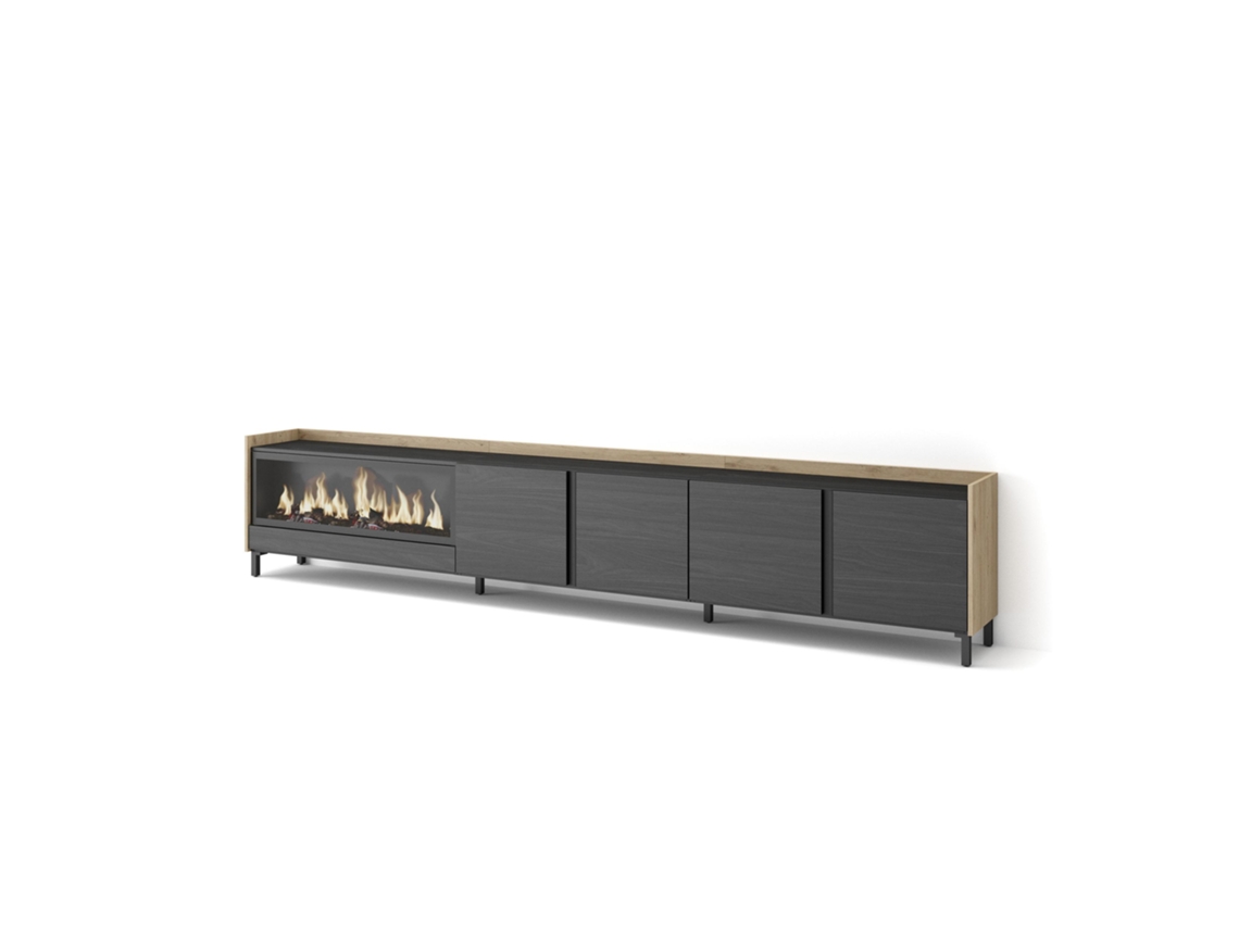 Mueble para TV, 315x35x61cm, para televisores de hasta 80'', chimenea eléctrica XXL, diseño industrial, negro y roble.