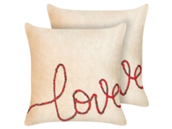 Lote de 2 cojines decorativos con escritura bordada BELIANI Rotala de Terciopelo Beige 45x45x15