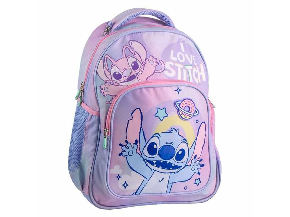 Mochila escolar con puntadas moradas