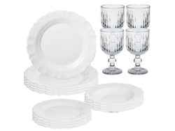 Vajilla blanca de 12 piezas, 4 copas de cristal transparente (300 ml) de San Ignacio