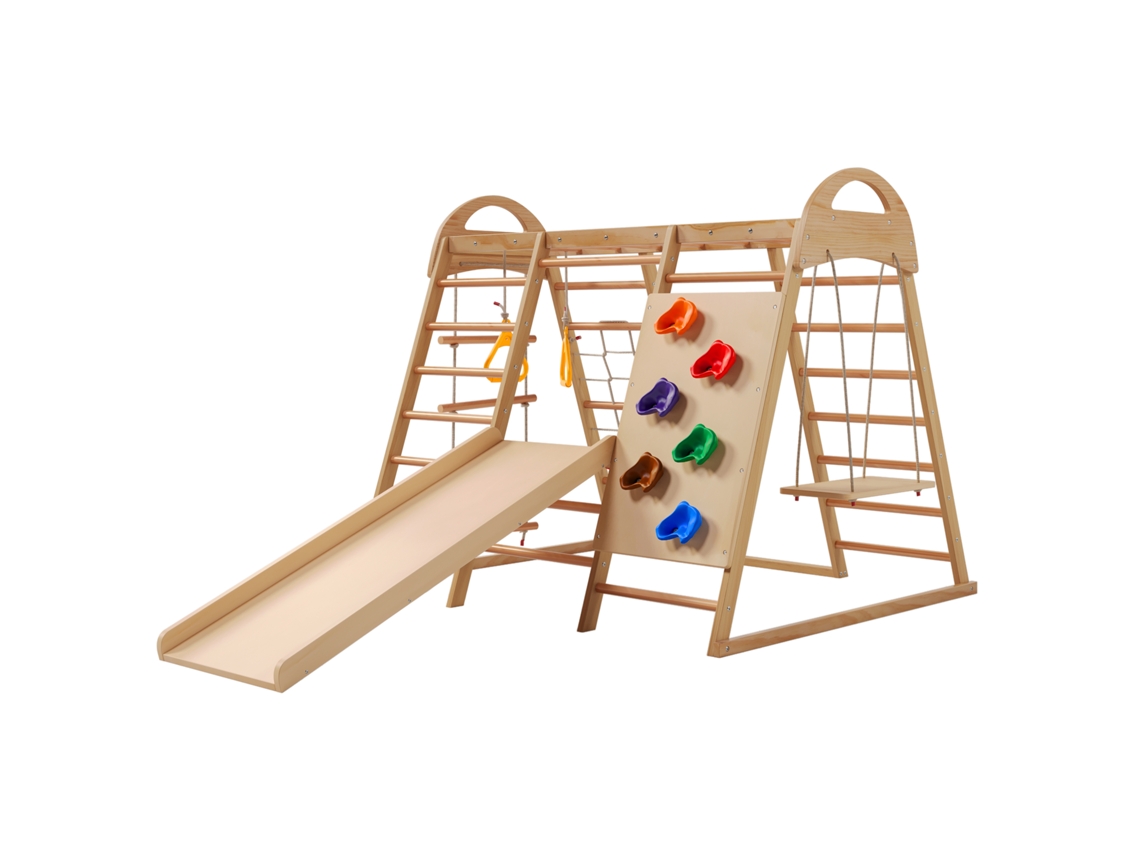 Estructura De Escalada 7 En 1: Columpio De Madera, Escalera, Tobogán, Red, Anillas Y Tienda De Campaña.