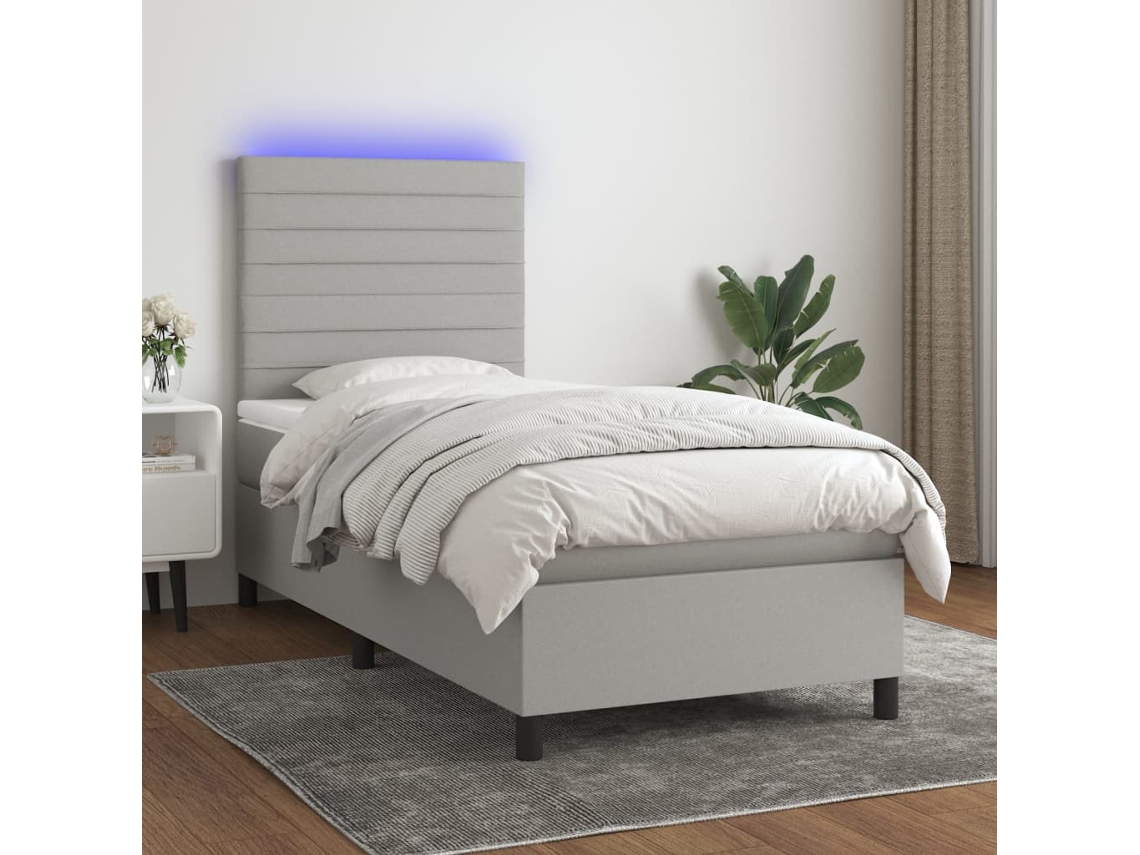 Cama Box Spring Colchón Y Luces Led Tela Gris Claro 80x200 Cm
