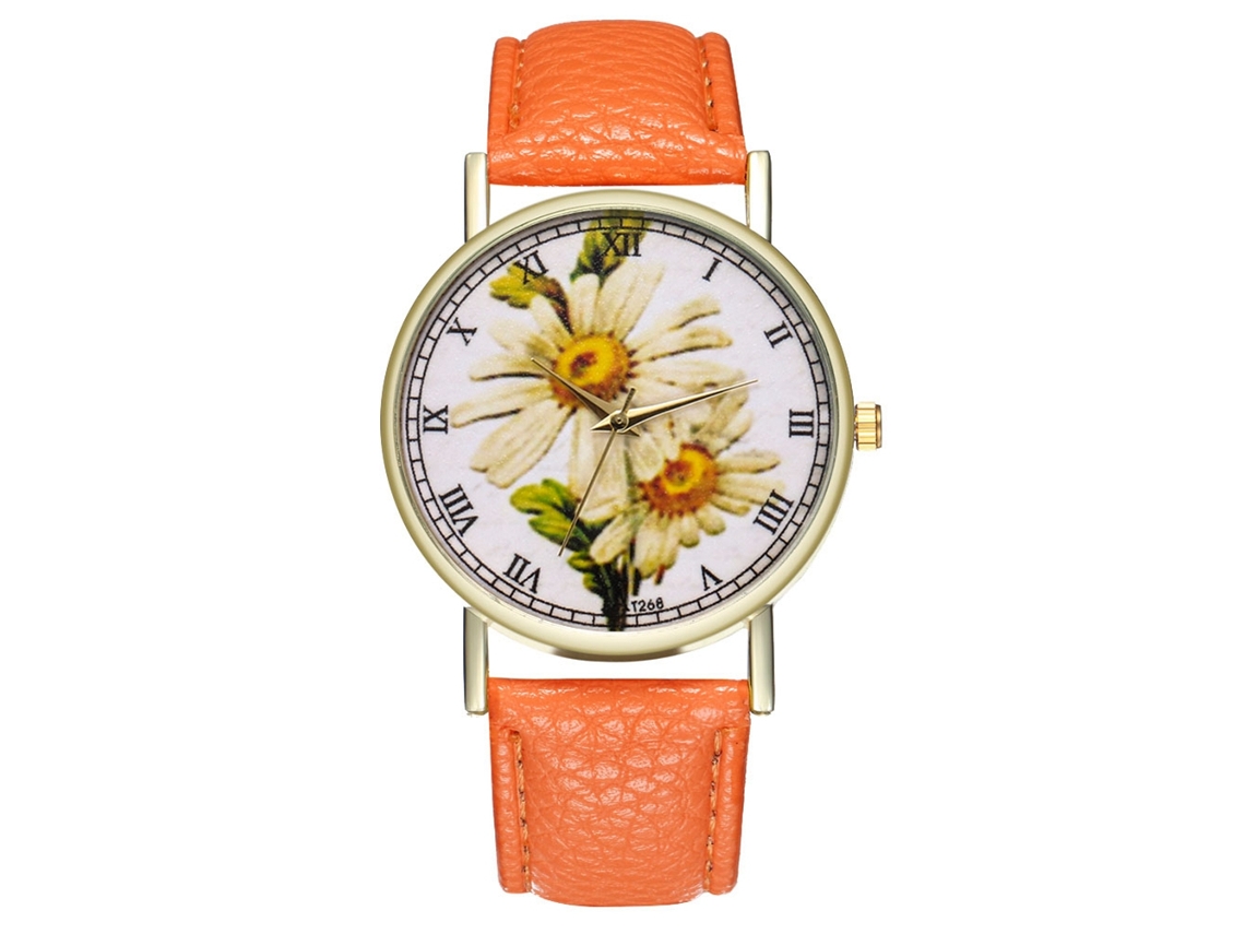 Reloj De Pulsera Marguerite Fashion Quartz Leisure Con Correa De Cuero Luminiscente Naranja.