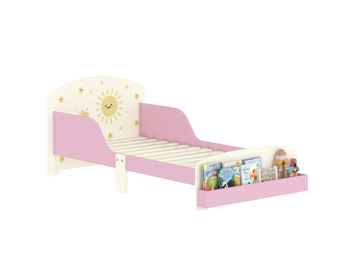 Cama Infantil Para Niños De +3 Años 70x140 Cm De Madera Con Almacenaje Y Dibujos De Estrellas Para Dormitorio Rosa