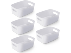 Paquete de 5 cestas de almacenamiento de plástico blanco, contenedores portátiles con asas para organizar el hogar y la oficina.