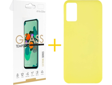 Funda y Protector de Vidrio 1x Samsung Galaxy A41 SKYHE Silicona Líquida Amarillo