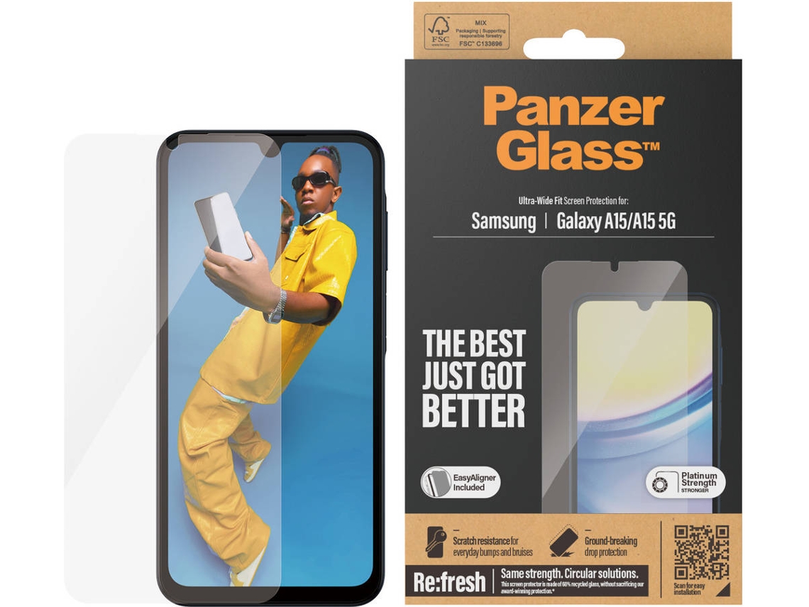 Protector de pantalla de vidrio templado PANZERGLASS para Samsung Galaxy A15/A15 5G, ajuste ultra ancho.