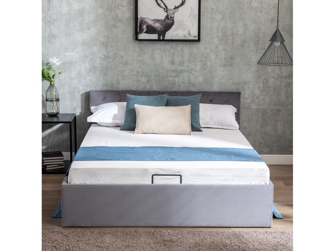 Cama Con Canapé 140x200 Cm En Terciopelo Con Somier De Láminas - Gris