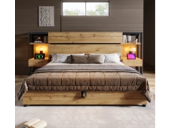 Cama De Madera De 160 X 200 Cm - Hidráulica, Cabecero, Almacenaje, Puerto Usb Y Tipo C, Estructura De Madera, Roble (sin Colchón)
