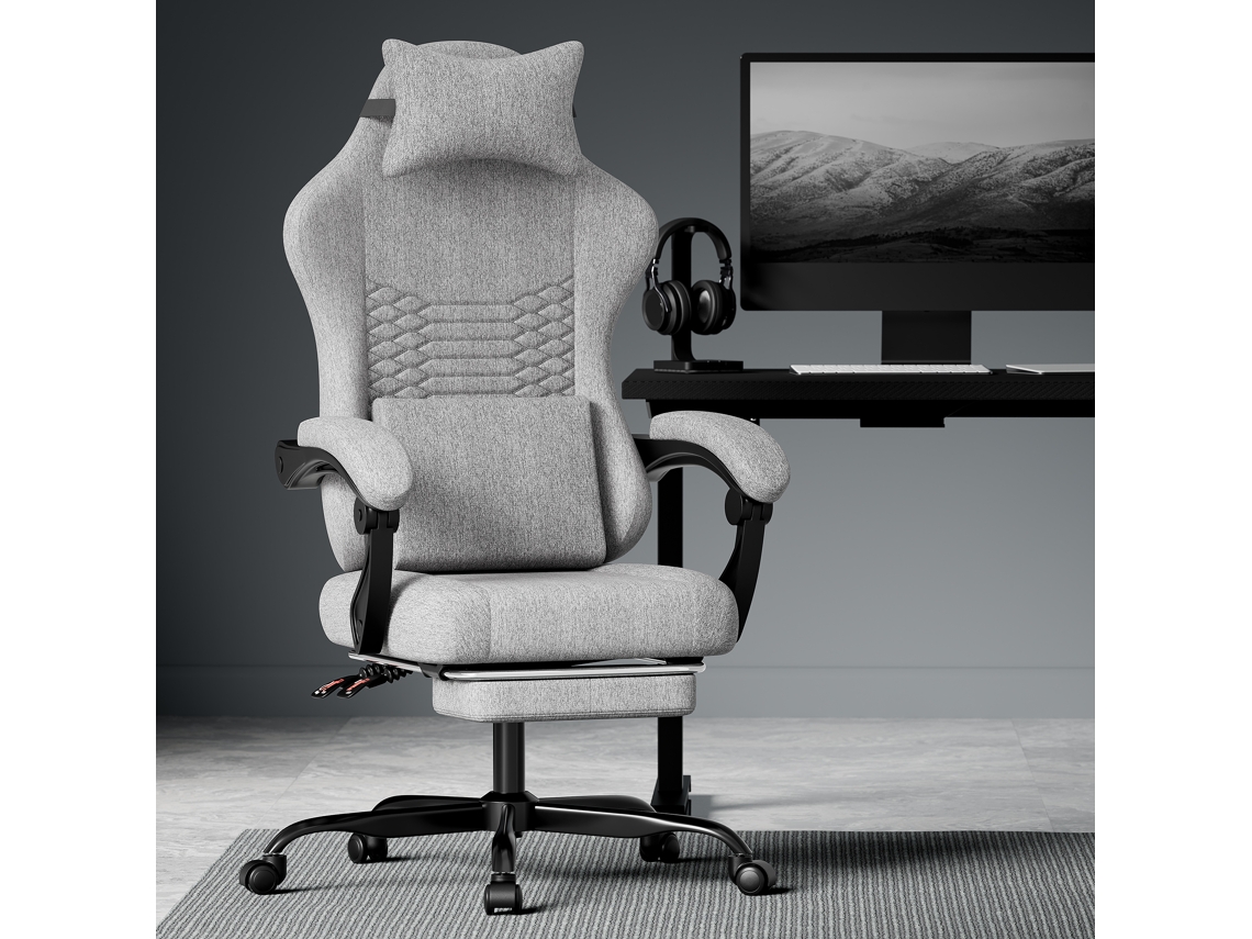 Silla Gaming Con Tejido De Masaje, Reposacabezas Y Reposapiés, Color Gris Claro.