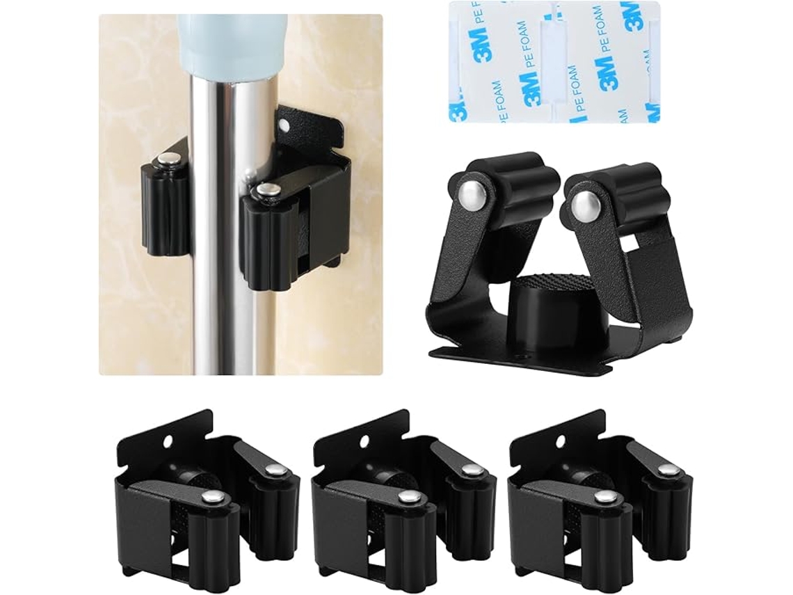 4 Soportes Inox Adhesivos Para Fregona Y Herramientas En Pared