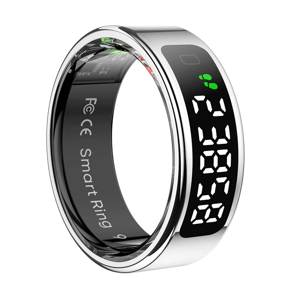 (Talla 13, Plata) Anillo inteligente con pantalla, control táctil inteligente, resistente al agua y compatible con carga inalámbrica.