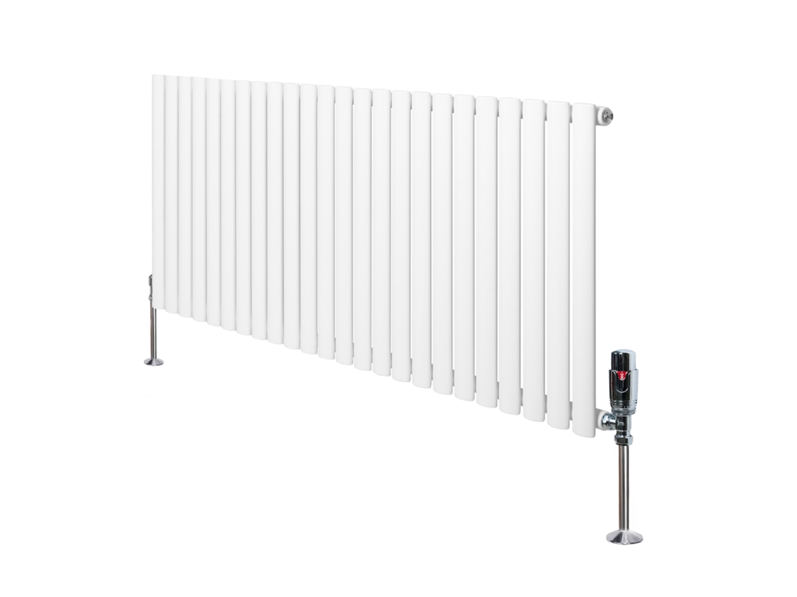 Radiador ovalado de una sola columna de 600x1440 mm - Blanco, 1369 W, acero al carbono, cromado. Válvulas termostáticas, soportes y kit incluidos.