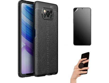 Kit Carcasa y Protector Xiaomi Poco X3 Pro Ultimatte Rugged Leather Popsocket Negro