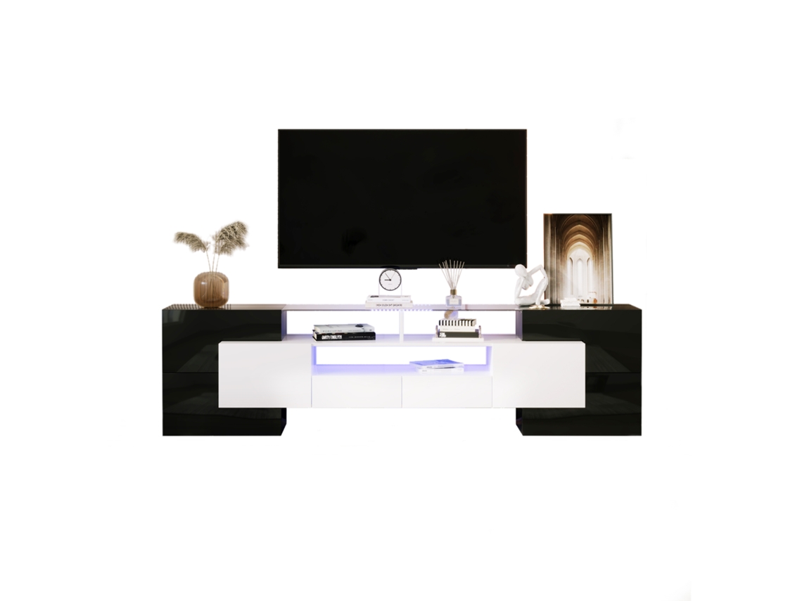 Mueble Tv 200cm Blanco Negro Led Cristal Diseño Elegante Salón