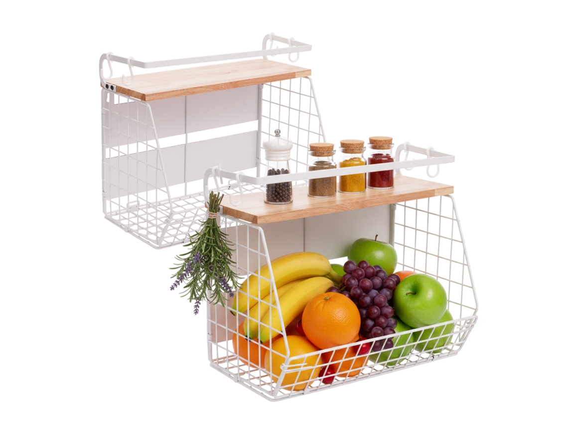 Relaxdays Frutero Magnético De Pared, Set De 2, Madera/metal, 30x35,5x21 Cm, Blanco/natural