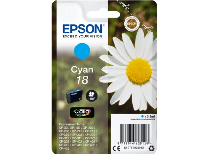 Cartucho de tinta original EPSON, Tinta Claria Home, 18, Margarita 3,3 ml , Cian, C13T18024012, T1802