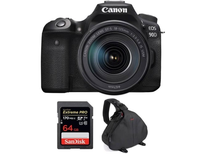 Kit Cámara CANON EOS 90D + 18-135mm f/3.5-5.6 IS USM + SanDisk 64 GB + Bolsa (APS-C)