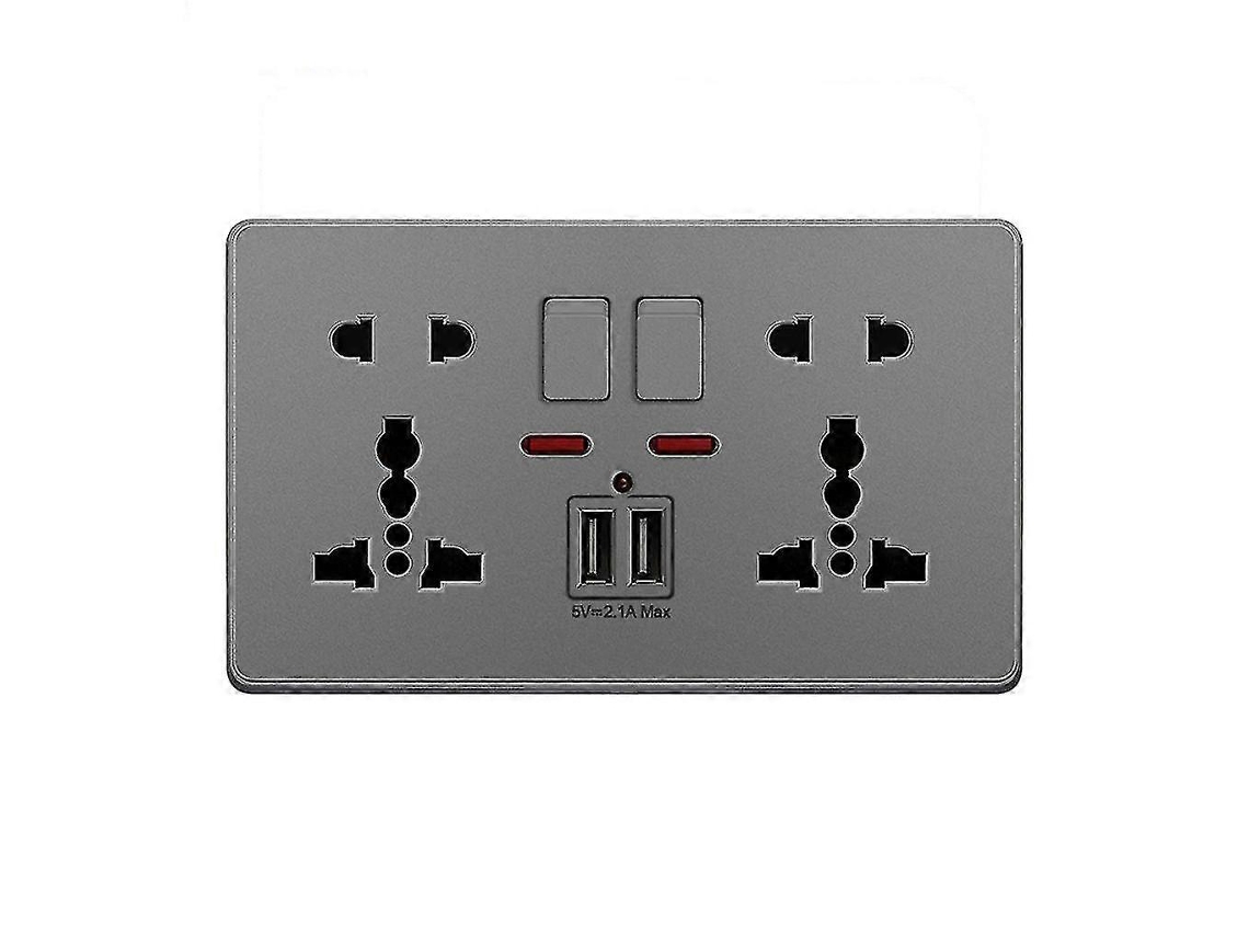 Enchufe De Pared 13a Con Botón Multifunción Puerto Usb Doble 2.1a Cargador Tres Y Dos Orificios Zekai Para Hogar Gris