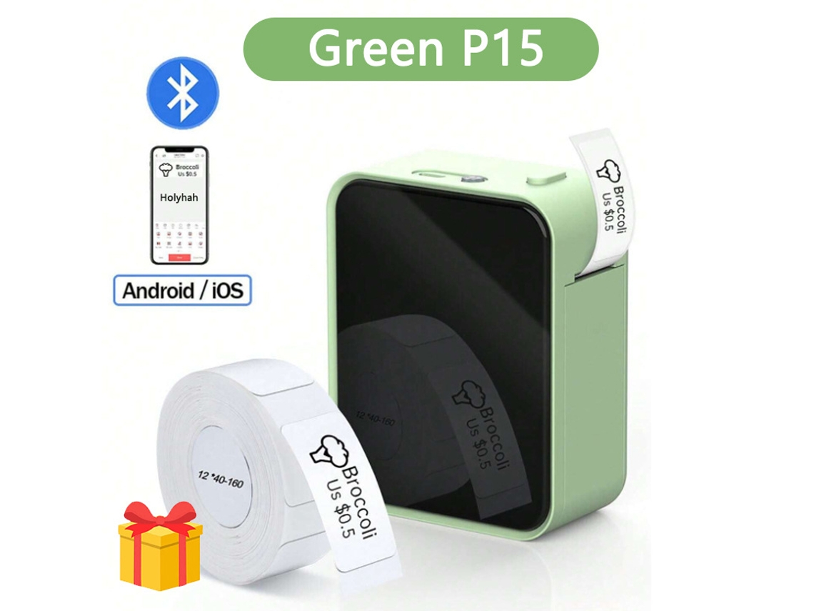 Impresora térmica portátil P15 con Bluetooth y 4 rollos de papel de impresión verde Cuich.
